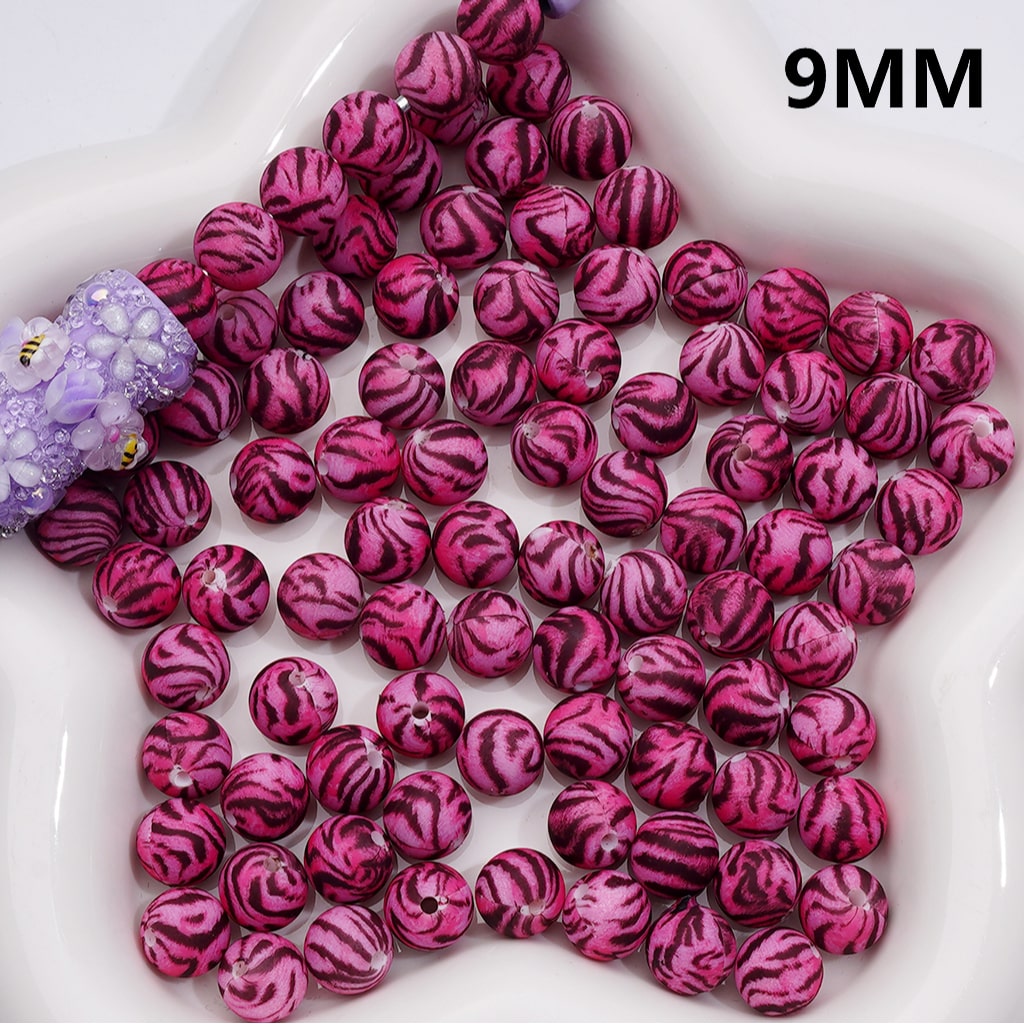 Brown Black Stripes Printed Pink Silicone Beads 9MM, Number Z-00258