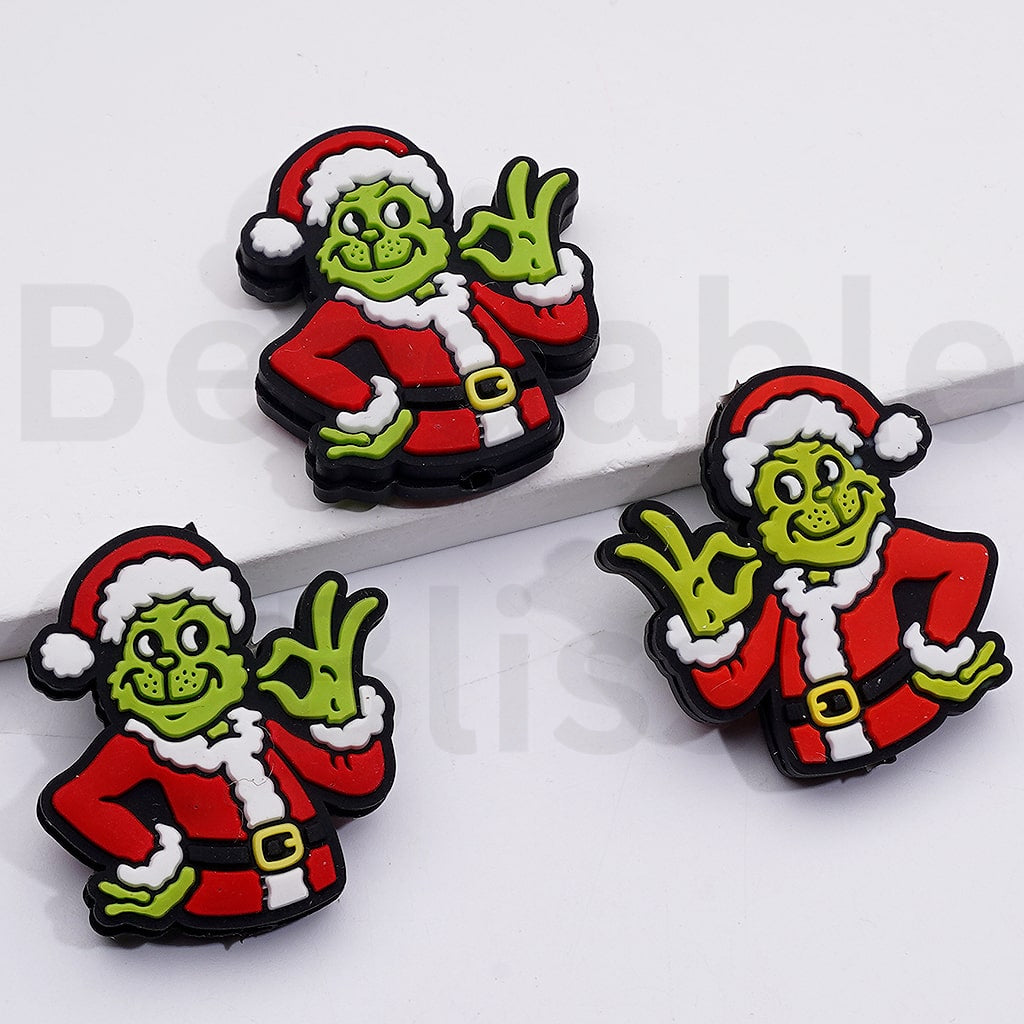 Green Monster Grinc with OK Gesture in Christmas Costume Silicone Focal Beads