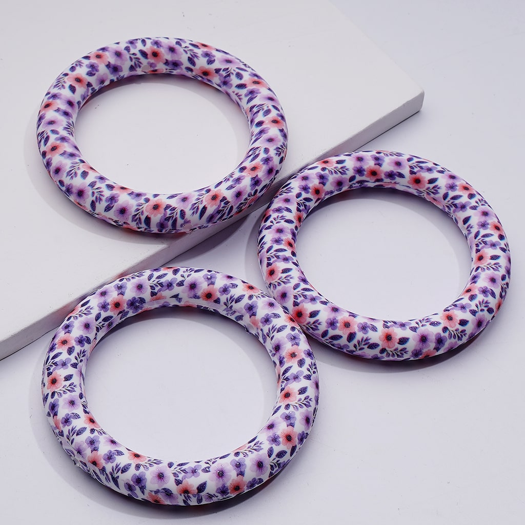 Cute Pink Purple Flowers Prints Silicone Ring Frame Bead Circle Round Soft Car Hanger Charm Loop 65mm