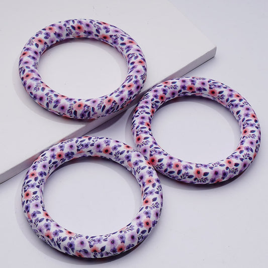 Cute Pink Purple Flowers Prints Silicone Ring Frame Bead Circle Round Soft Car Hanger Charm Loop 65mm