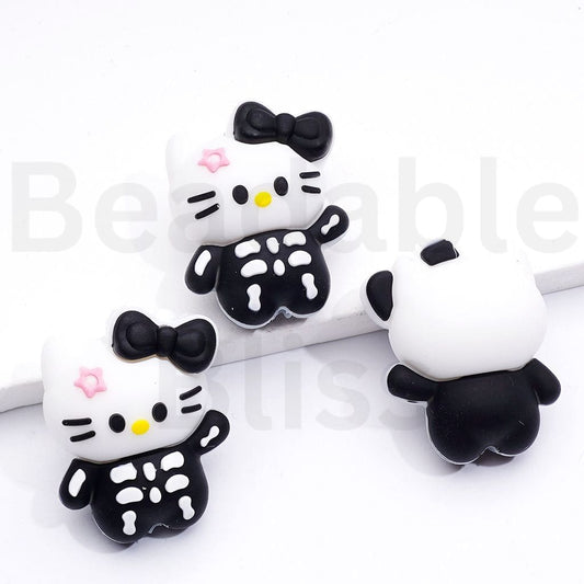 3D Cute Hello Kitt with Skeleton Costume Halloween Silicone Focal Beads