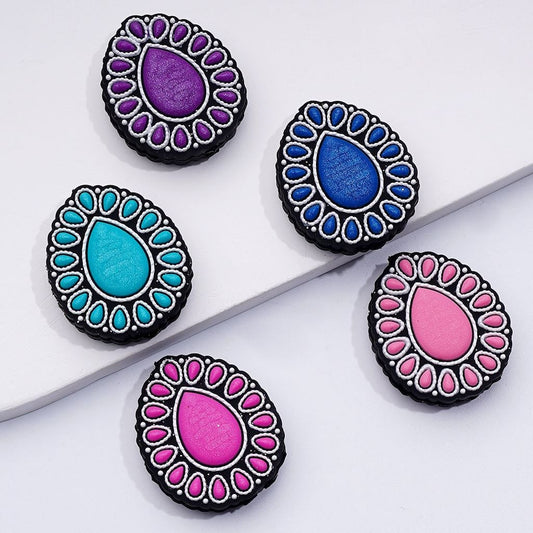 Multi-Color Western Gemstone Water Drop Shape Silicone Focal Beads, Random Mix