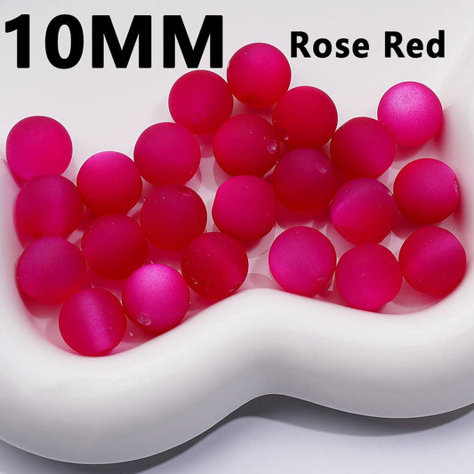 10MM rose red beads on a white dish with text indicating size and color.

