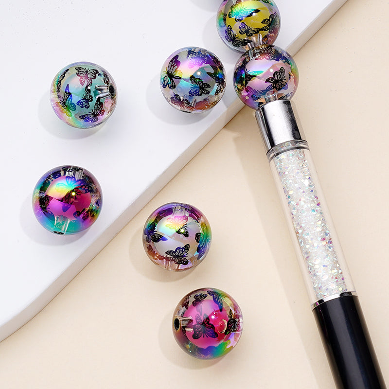 UV Coating Double Layer Clear Acrylic Beads with Black Butterfly Pattern, Random Mix, 16MM
