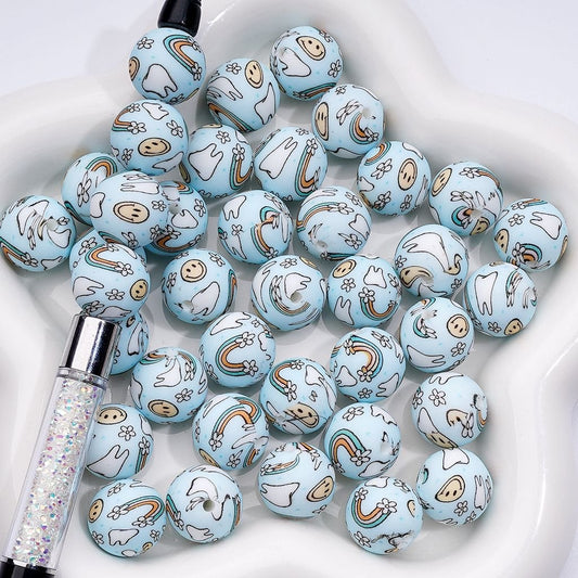 Smile Face Rainbow Flowers Teeth Light Blue Printed Silicone Beads 15MM, Number Z-00221