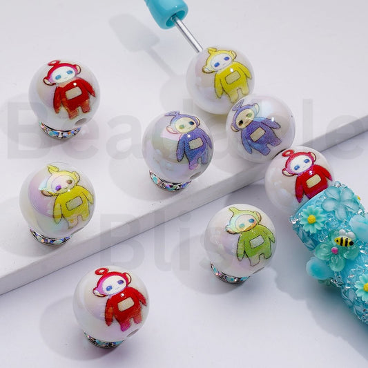 UV Coating Cute Teletubb Cartoon Round Acrylic Beads, 16MM, Random Mix