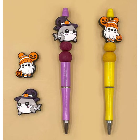 Halloween Series Cute Shark with Wizard Hat Mini Ghost Face Pumpkin Little White Ghost Holds Orange Ghost Face Balloon Basket Hat Silicone Focal Beads