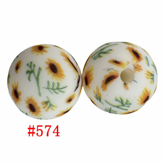 Yellow Sunflower and Green Leaves Printed Silicone Beads, 15mm, Number 574