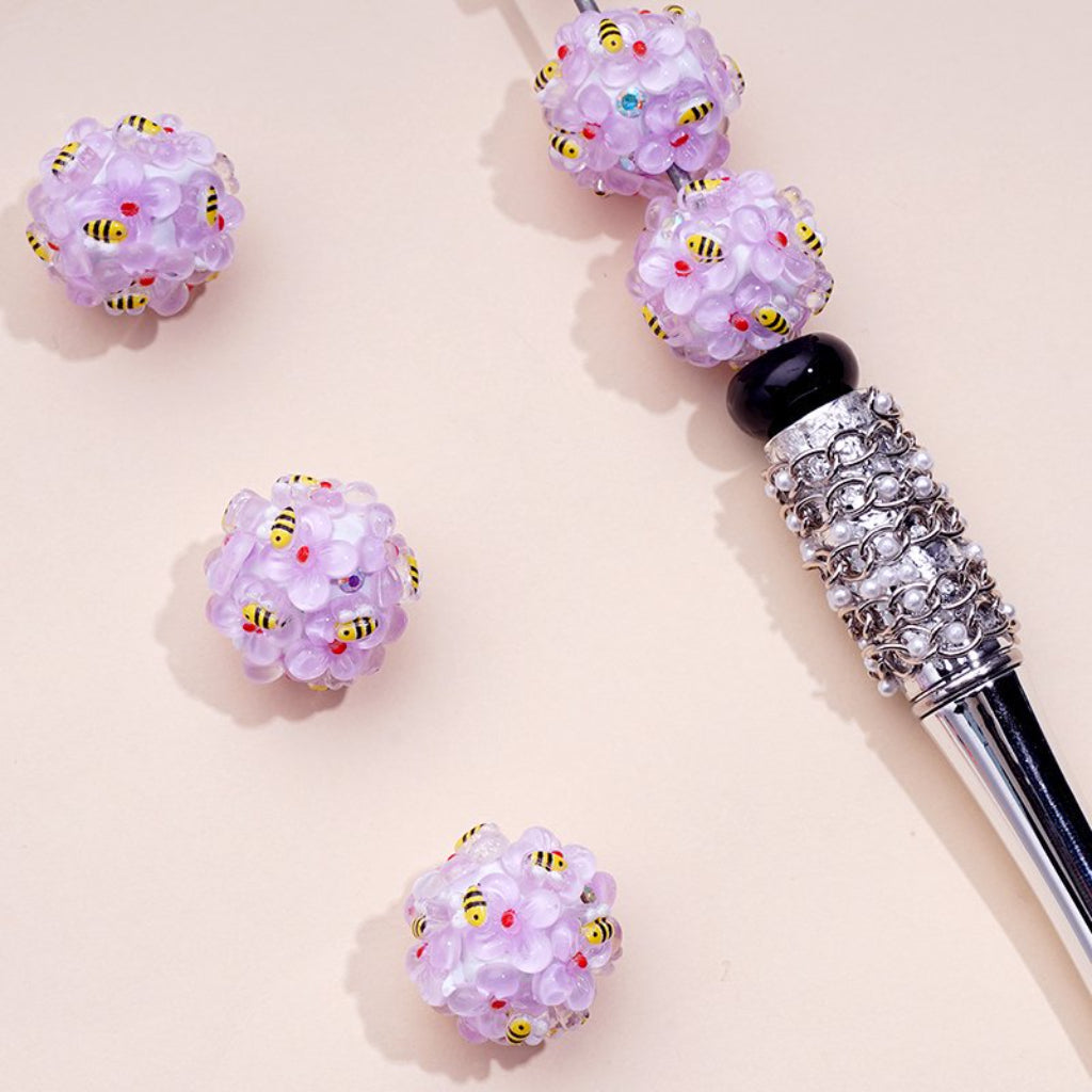 Yellow Cute Bees Colorful Flowers AB Rhinestones White Round Clay Beads, Around 20MM
