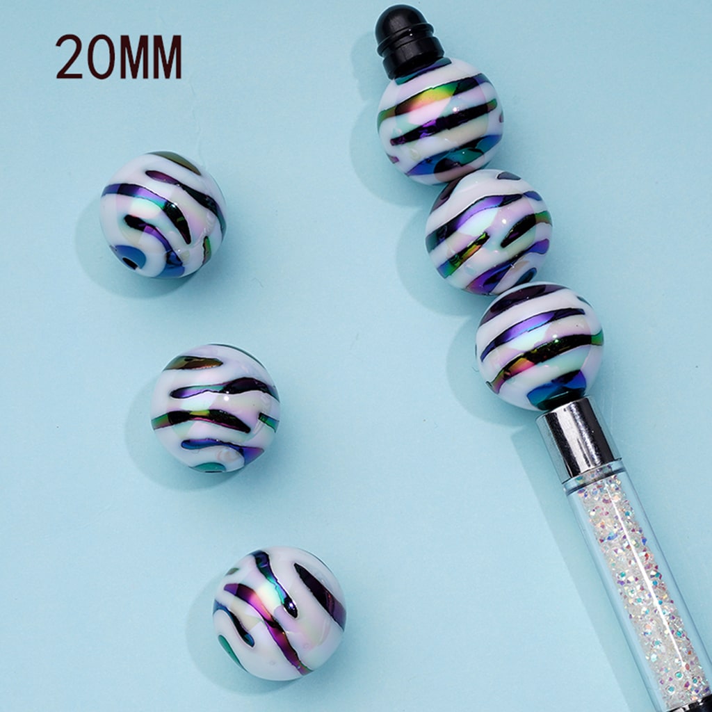 Colorful striped beads on a pen with '20MM' text on a light blue background

