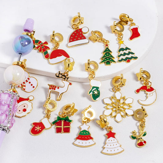 Gold Metal Beads Bail with Butterfly, Father Christmas, Snowflakes, Snowman, Elk & Ginger Bread Hat Pendants Random Mix