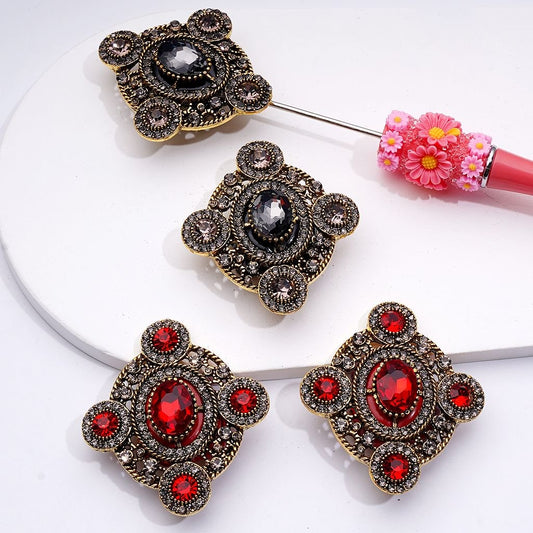 Delicate Fancy Copper Gold Alloy Elliptical Badge Brooch with Shiny Rhinestones White Pearls Cute Hearts Flowers Snowflakes Clay Beads, Around 46*50MM