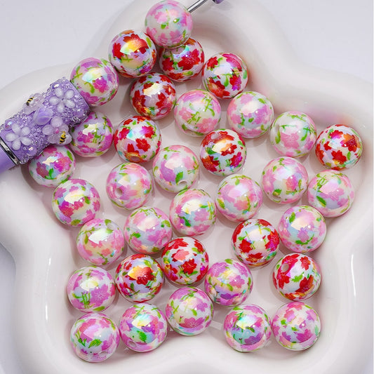 Acrylic Beads, UV Coating Cute Red Pink Purple Plum Blossom  Flowers, White 16MM