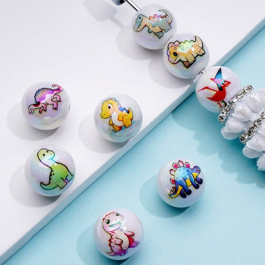 UV Coating Dinosaurs Series White Round Acrylic Beads, 16MM, Random Mix