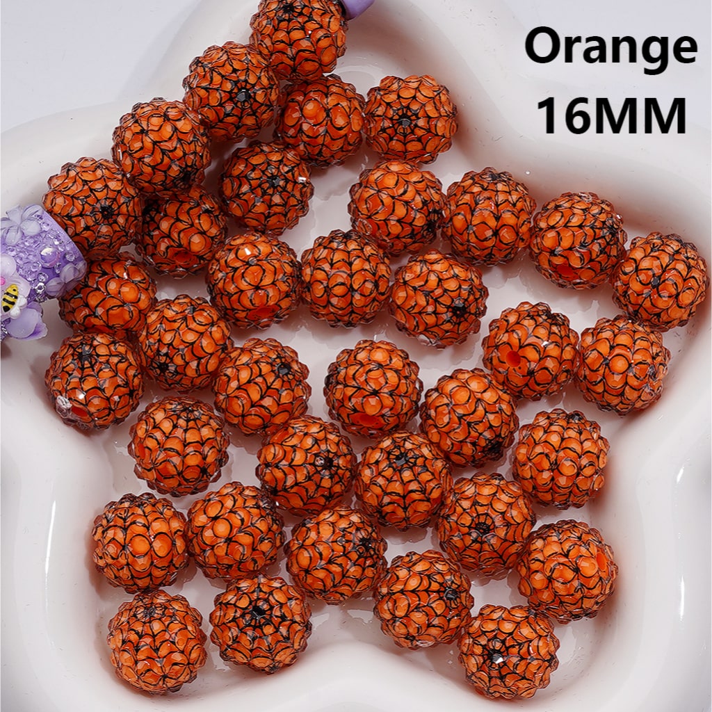 Halloween Clear Rhinestones Black White Spider Web Stripes Round Acrylic Beads in Solid Color, 16MM