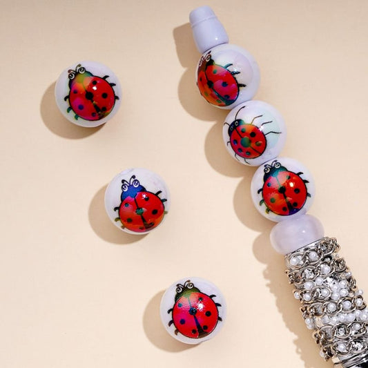 UV Coating Red Ladybugs White Round Acrylic Beads, 16MM