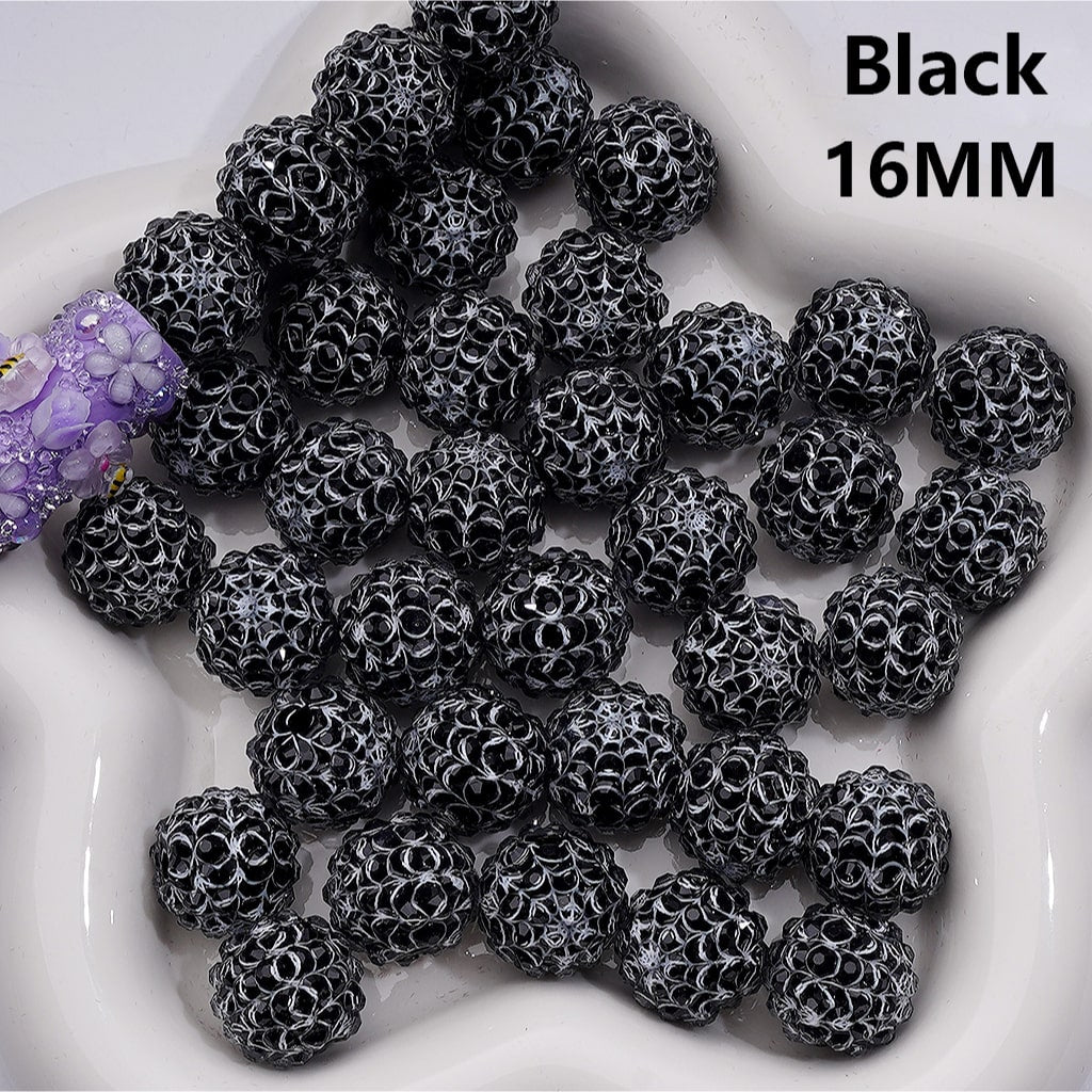 Halloween Clear Rhinestones Black White Spider Web Stripes Round Acrylic Beads in Solid Color, 16MM