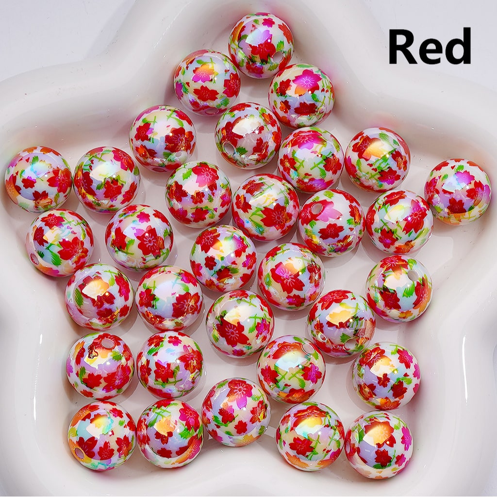 Acrylic Beads, UV Coating Cute Red Pink Purple Plum Blossom  Flowers, White 16MM