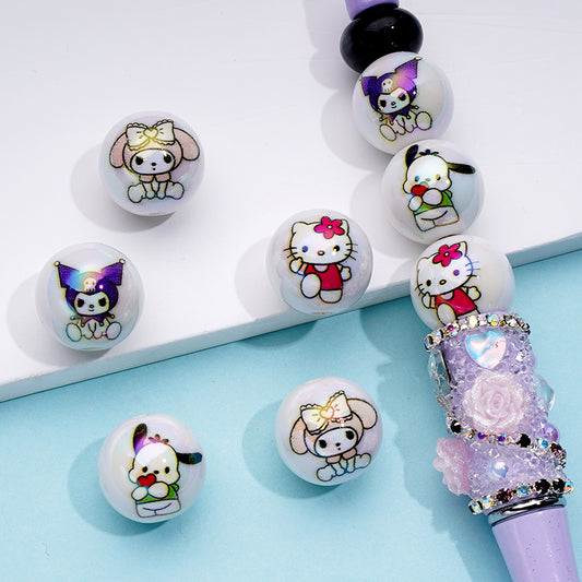 UV Finish Sanri HK Kurom Melod Pochacc Pom Pom Puri Cinnamoro White Around Acrylic Beads, Random Mix, 16MM