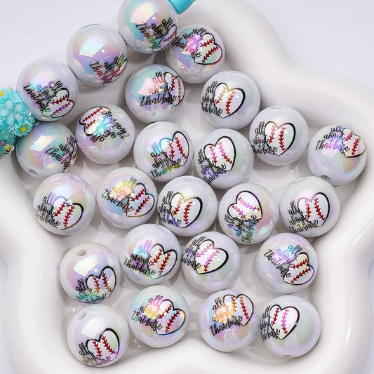 Large UV Coating All About That Base Heart Baseball White Round Acrylic Beads, 20MM, Random Mix