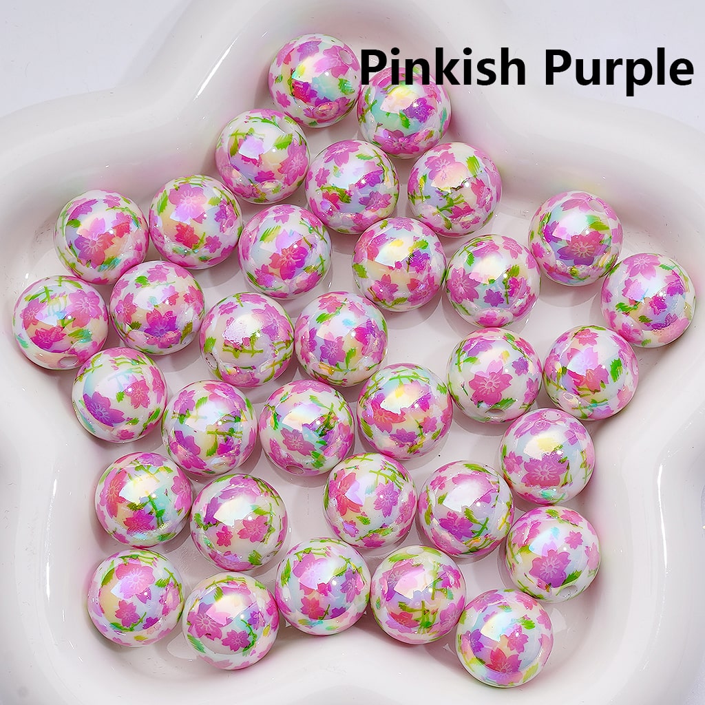 Acrylic Beads, UV Coating Cute Red Pink Purple Plum Blossom  Flowers, White 16MM