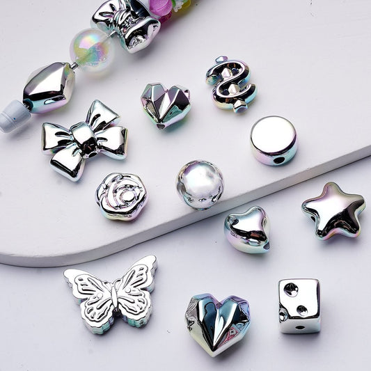 Laser Galaxy Iridescent Holographic Metallic Silver Color Twisty Heart Cube Cheese Star Bowknots Hearts Rose Flower US Dollar Rhombus Round Flat Butterfly Round Ball Acrylic Beads, Random Mix