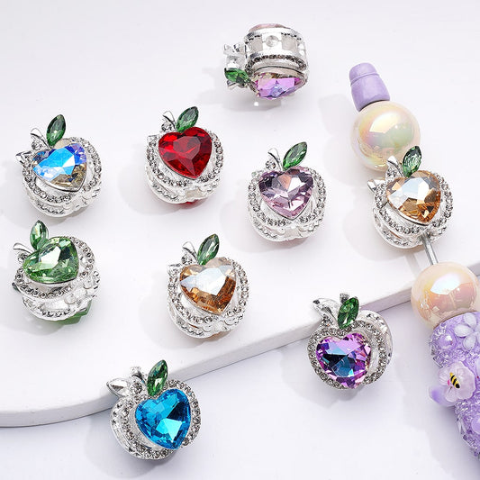 Fancy Silver Alloy Apple Beads with Large Shiny Hearts Clear Rhinestones, 20*18MM