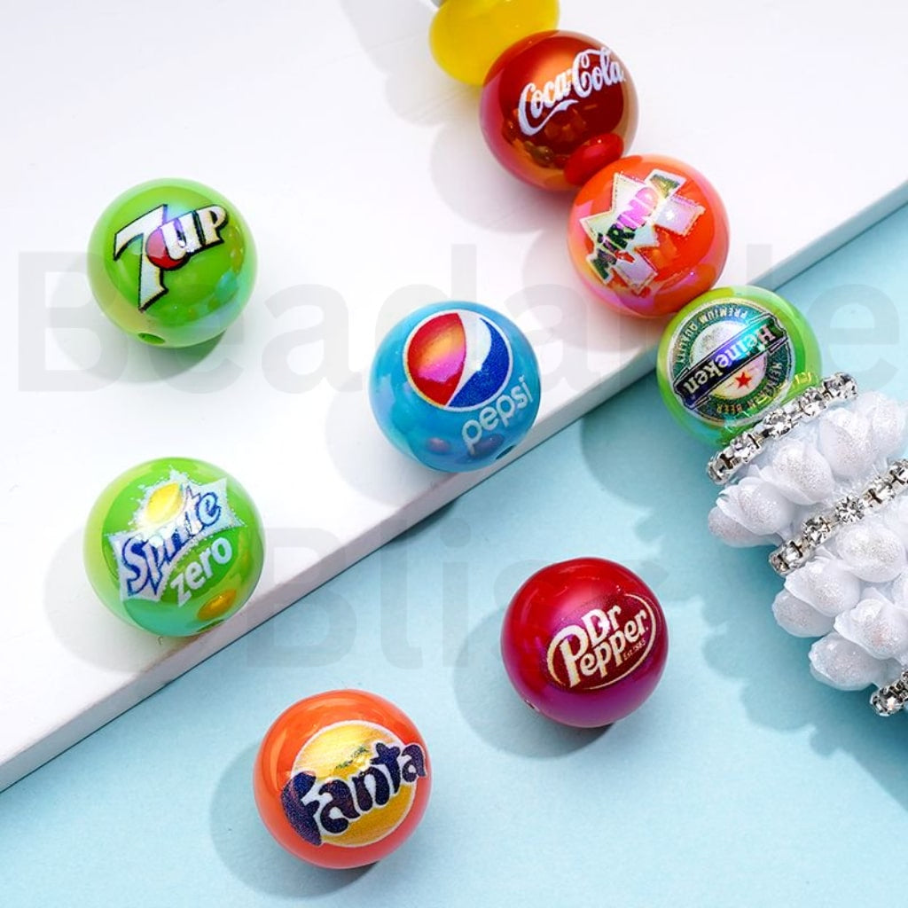 UV Coating Drink Beer Soda Coke Coca Col Peps Seven U Sprit Fant Heineke Mirind Round Acrylic Beads, 16MM, Random Mix