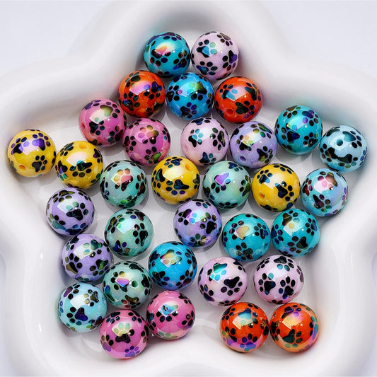 Acrylic Beads UV Coating Black Dog Paw Prints Multi-Color Round, 16MM, Random Mix