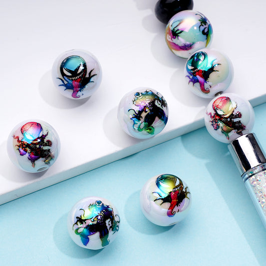UV Coating Deadpoo Spiderma Marve Round Acrylic Beads, Random Mix, 16MM