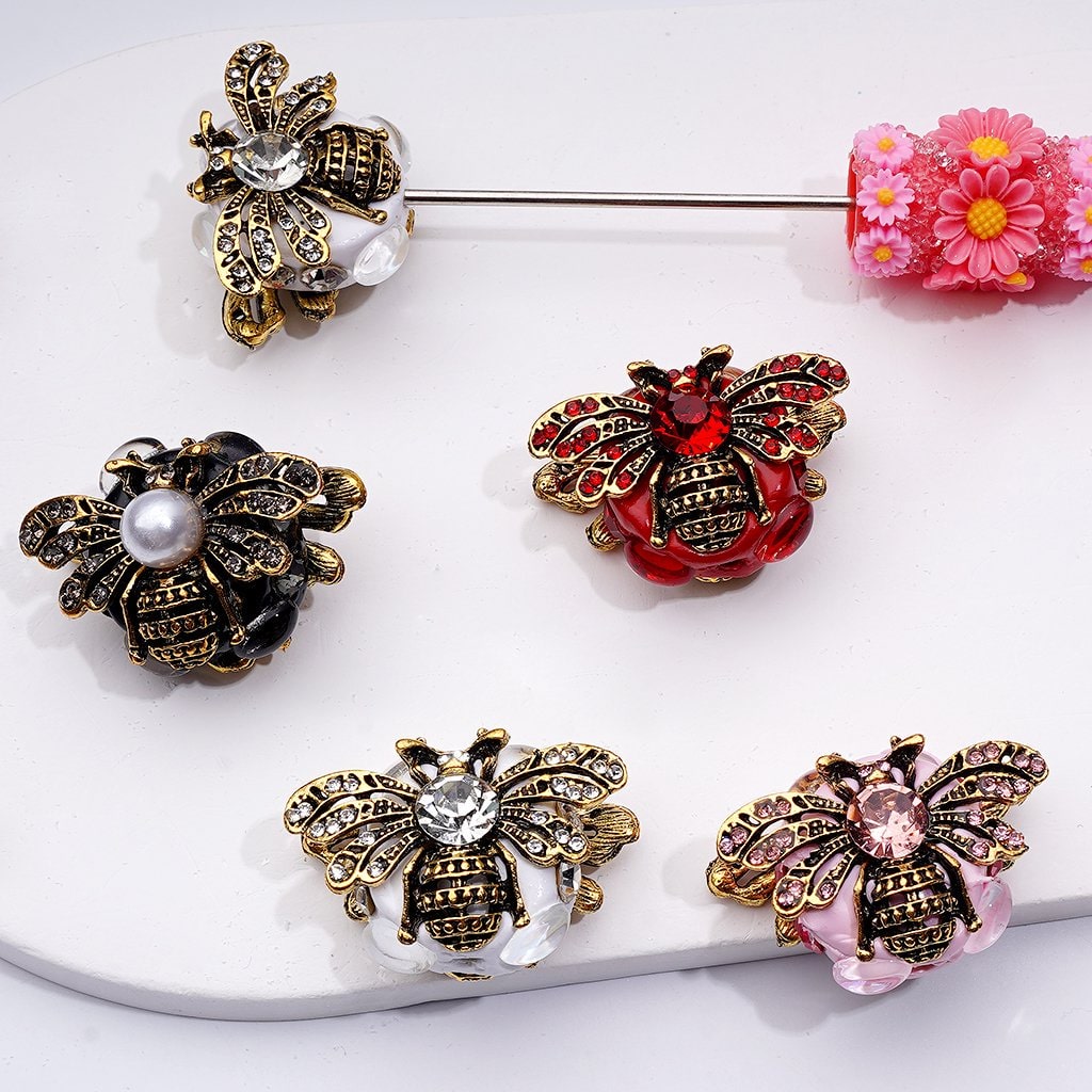 Cute Fancy Copper Alloy Bee with Shiny Rhinestones Clear Oval Pearls Clay Beads, Around 26*34MM