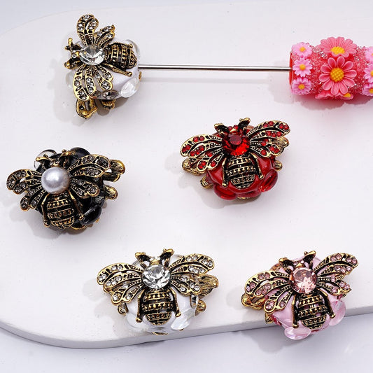 Cute Fancy Copper Alloy Bee with Shiny Rhinestones Clear Oval Pearls Clay Beads, Around 26*34MM