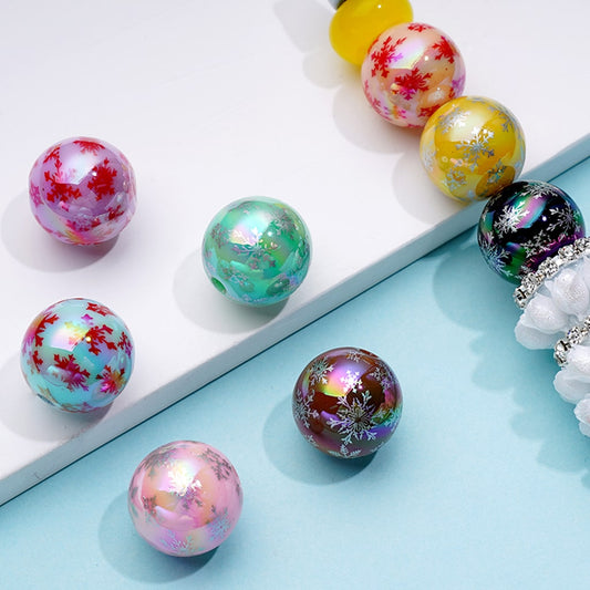 Fancy Snow Flower Prints Round Acrylic Beads , Random Mix, 16MM
