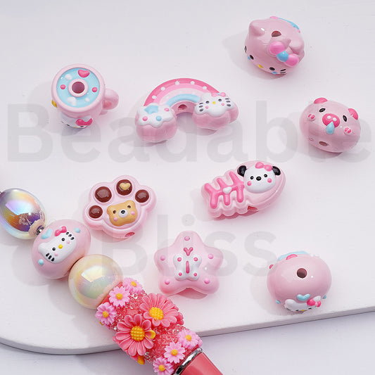 Pink Cute Hand Painted Hell Kitt Pochacc Piglet Fish Bone Rainbow Star Cup Acrylic Beads Mix