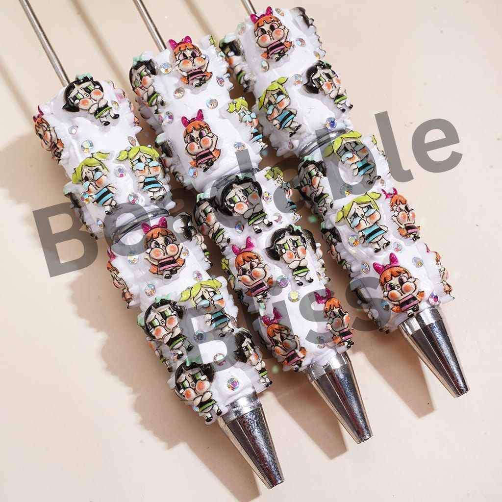 Beadable Clay Pens w Teary Baby Girl Character Print, AB Rhinestones Studded, White Base