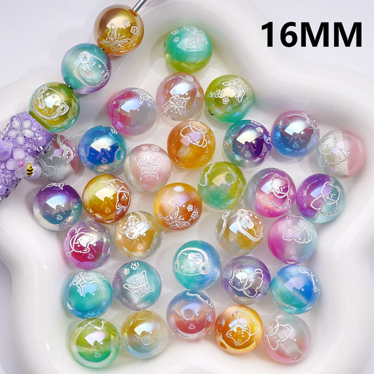 Acrylic Beads Dazzling Double Color Cat Eye Style White Cute Butterfly Girl Cat Prints, 16MM, Random Mix