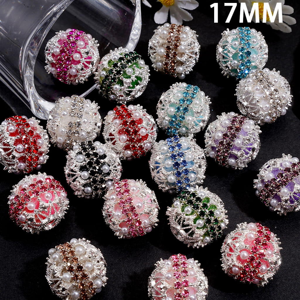 Hand Made Acrylic Beads w Silver Filigree, Double Layer Pearls & Clear Rhinestone Chain, 17MM, Multi-Color