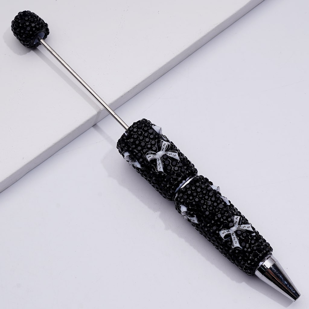 Mini White Bowknots with Letter S Black Rhinestones Beadable Clay Pens