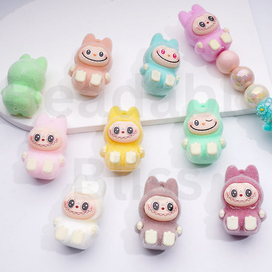 Cute Flocked Fluffy Labub Monster Pop Mar with Dangle Ring Pen Topper (Half-through Hole), Around 26*40MM, Random Mix