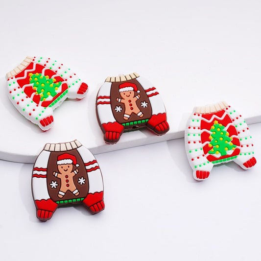 Cute Christmas Gingerbread Tree Sweater with  Red Green Dots Silicone Focal Beads