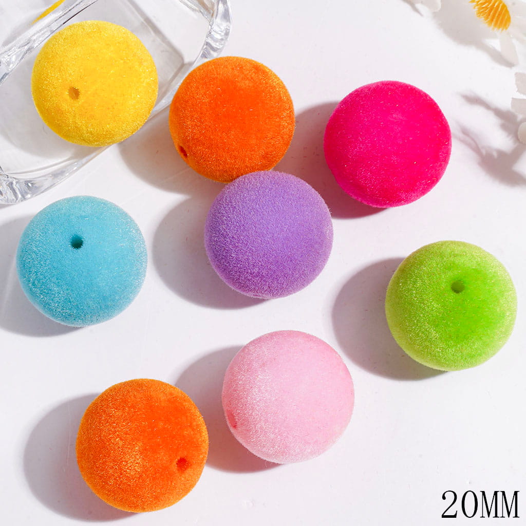 Acrylic Beads Flocked Fluffy Round Shape in Light Color, 20MM Multi-Color Random Mix