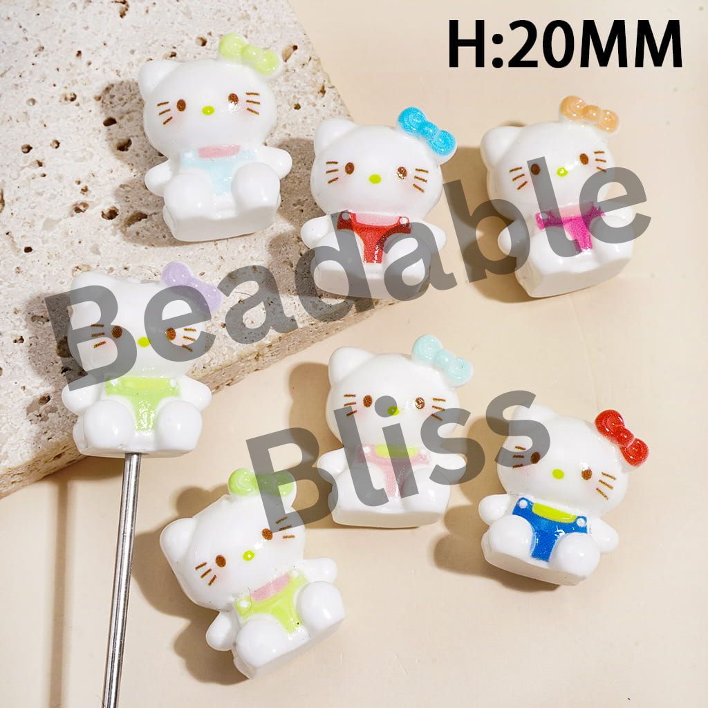 Acrylic Beads for Pen Toppers Cute Cat Characters Sitting with Mini Bow, Jewelry Accessories, Height 20MM, Multi-Color