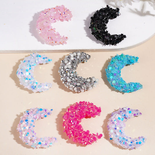 Handmade - Crescent Moon Shape Acrylic Sugar Beads with Sparkling Color Flakes, Small White Pearls and Small Rhinestones, 38MM, Random Mix