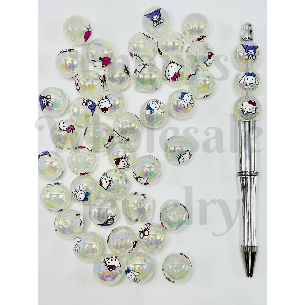 White Acrylic Beads with Sanri Characters, Double Sided, 16mm, UV Finish, XY