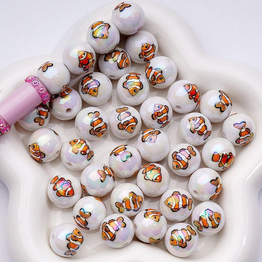 UV Coating Cute Sea Ocean Marine Animals Clownfish Acrylic Beads, 16MM, Random Mix