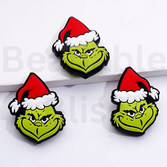 Cartoon Green Monster with Red Christmas Hat Silicone Focal Beads