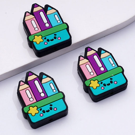 Luminous Cute Pencils in the Smile Face Box with Stars Teacher School Silicone Focal Beads