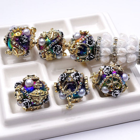 Bling Bling Fancy Gold Alloy Flowers Hearts Stars Crosses Black-White Flowers AB Rhinestone Chains White Pearls Dazzling Color Round Acrylic Beads, Around 16MM