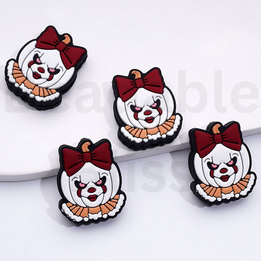White Pumpkin with Horror Pennywis Face Red Bowknot Halloween Silicone Focal Beads