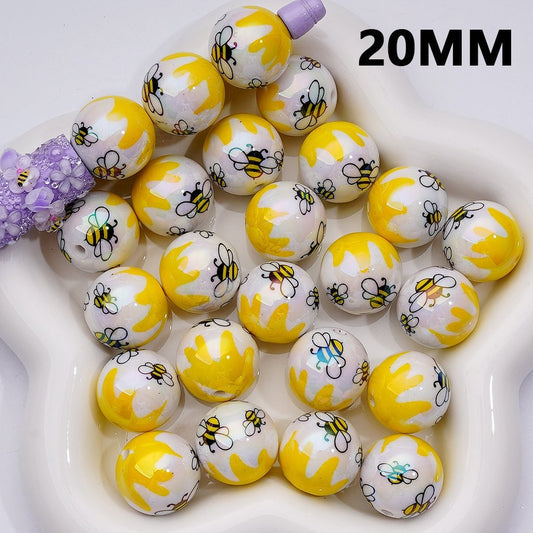 UV Coating Cute Bees White Round Acrylic Beads, 20MM